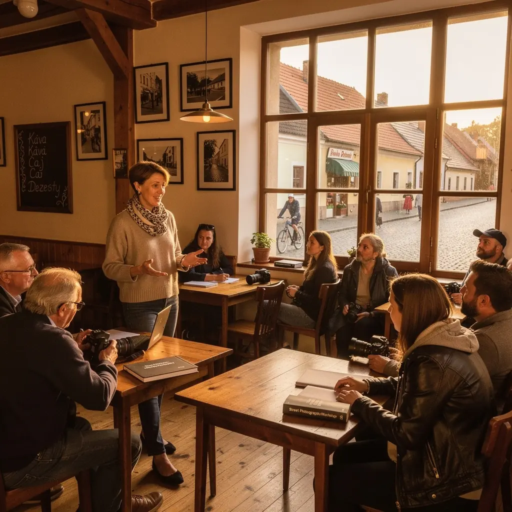 Skupina účastníků na fotografickém workshopu, kteří se učí techniky kompozice.