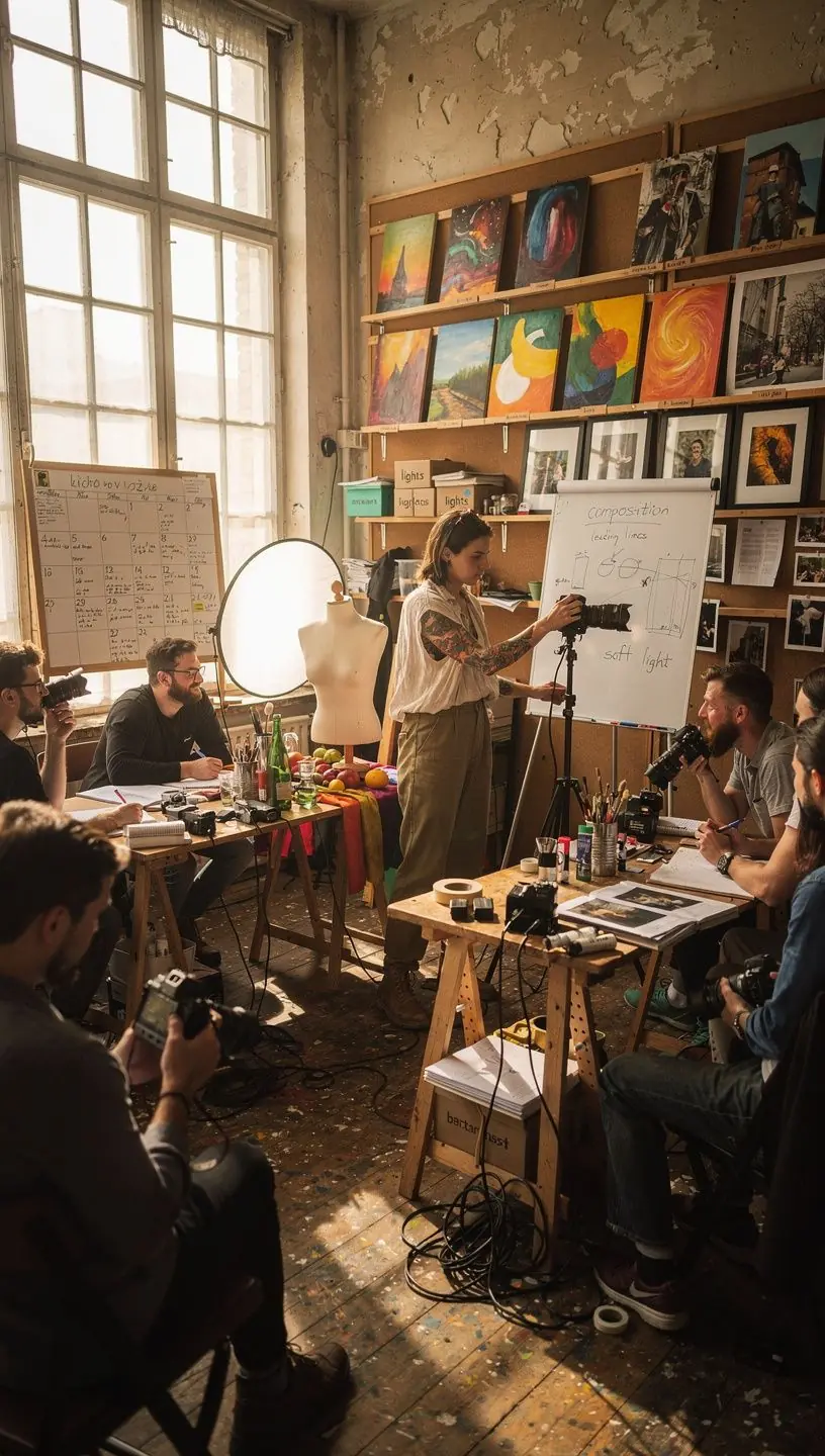 Fotograf během workshopu nastavuje osvětlení pro portrétní snímek.